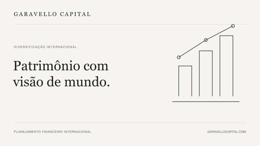 Capa sobre diversificação internacional com gráfico ilustrativo e a frase Patrimônio com visão de mundo.