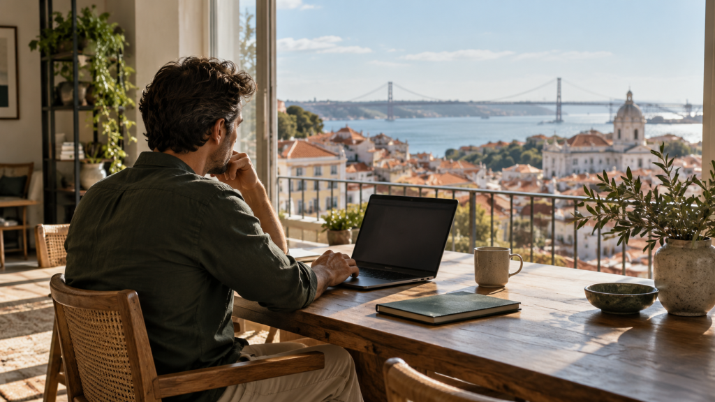 Profissional trabalha em um notebook diante de uma janela com vista para uma cidade costeira.